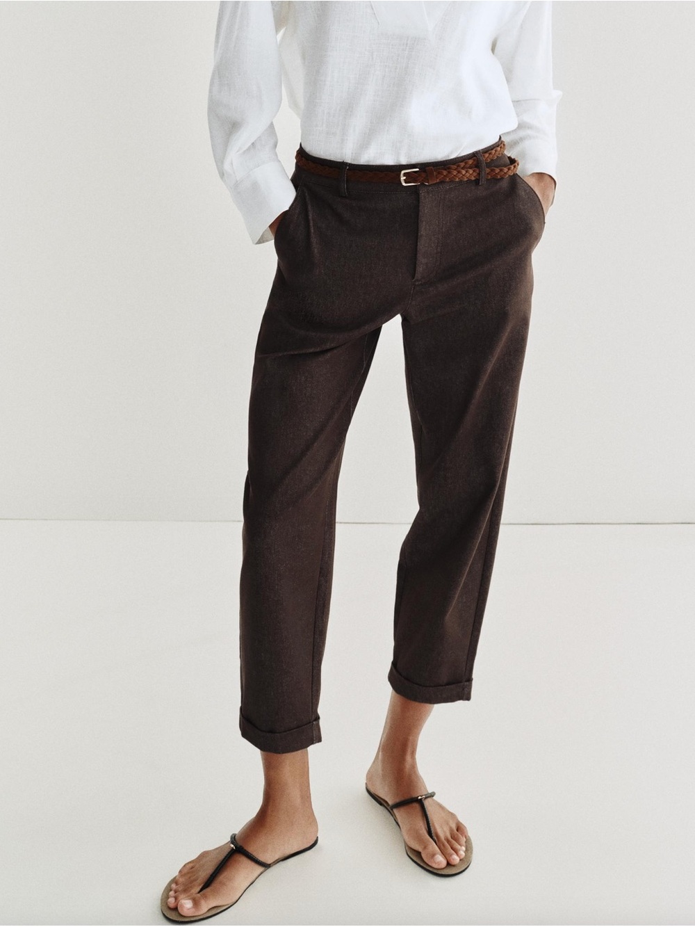 Zara Braided Belt Chino Low Rise Brown Pants Size US 8 NWT